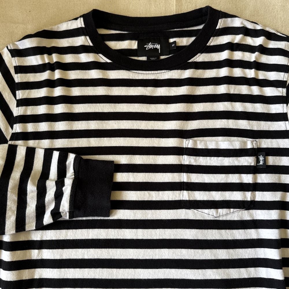 Stussy Shirt Black White Striped Jacquard Long Sleeve Tee Surf Skater Sz M Mens